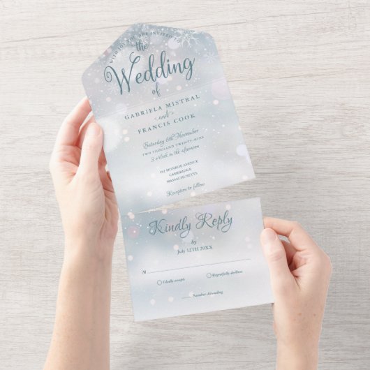 Schneeflocken Elegante Script Winter Wedding All In One Einladung (Abreißen)