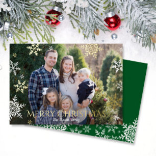 Schneeflocken Fallen im vollen Foto Grün Weihnacht Folien Feiertagskarte