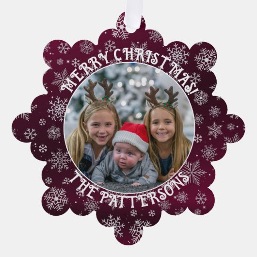 Schneeflocken Familienrotes Foto Ornament Card (Vorderseite)