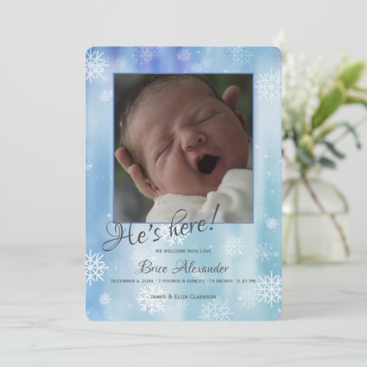 Schneeflocken Foto Geburtsankündigung Einladung (Stehend Vorderseite)