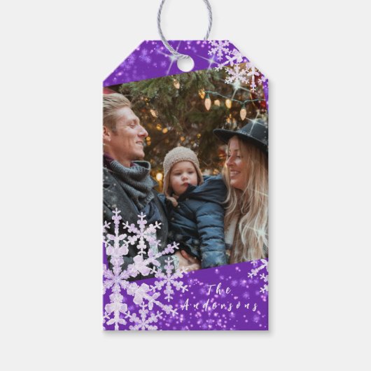 Schneeflocken Foto Lila Geschenkanhänger (Vorderseite)