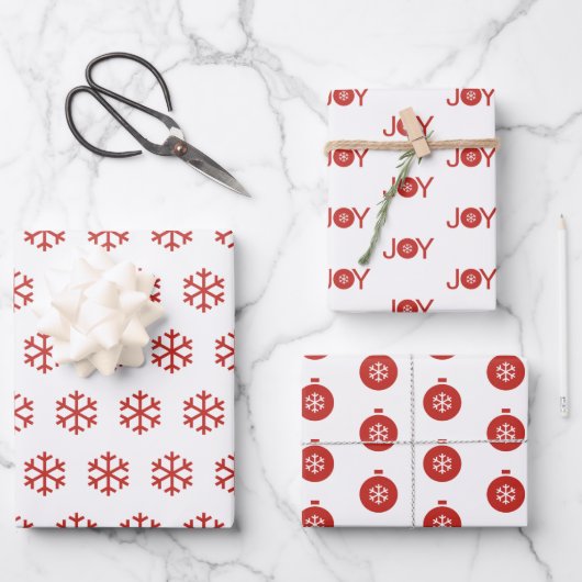 Schneeflocken, Freude und Weihnachtsbälle Muster Geschenkpapier Set (Vorderseite)