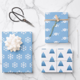 Schneeflocken, Freude und Weihnachtsbaum Blaues Mu Geschenkpapier Set