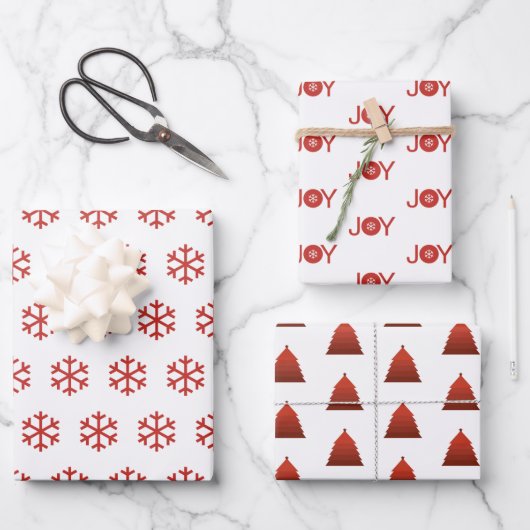 Schneeflocken, Freude und Weihnachtsbaummuster Geschenkpapier Set (Vorderseite)