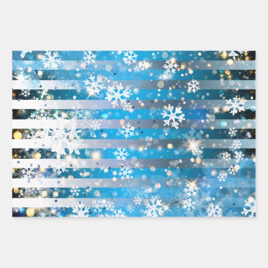 Schneeflocken Glitzern und Lichter auf blauen Stre Geschenkpapier Set (Vorderseite 3)