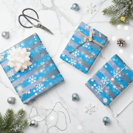 Schneeflocken Glitzern und Lichter auf blauen Stre Geschenkpapier Set