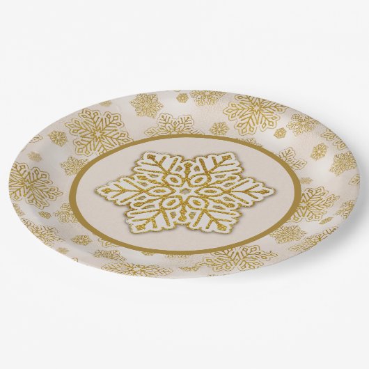 Schneeflocken Gold Glitzer Sparkone Pappteller (Schrägansicht)