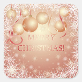 Schneeflocken & Goldene Weihnachtsbälle auf Peach Quadratischer Aufkleber