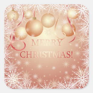 Schneeflocken & Goldene Weihnachtsbälle auf Peach Quadratischer Aufkleber