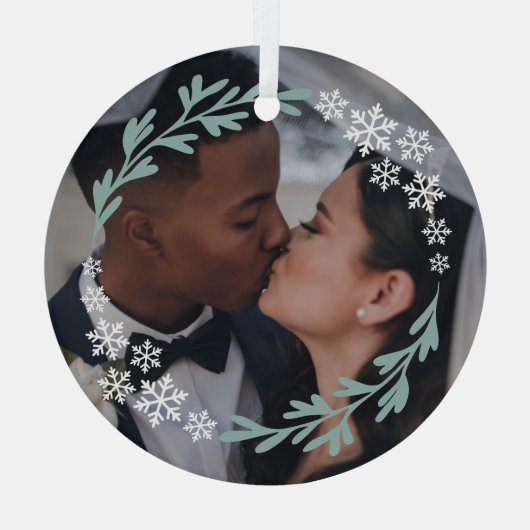 Schneeflocken & Grüne Weinkeller Ihr Foto Ornament Aus Glas (Rückseite)