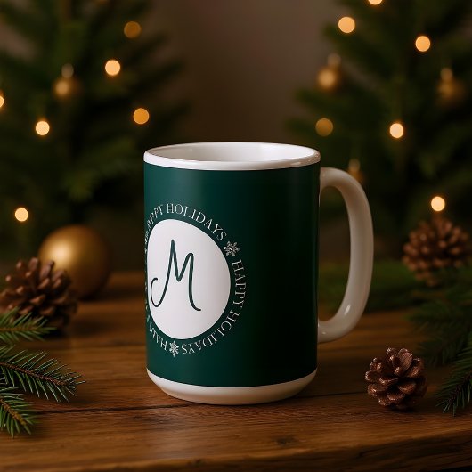 Schneeflocken Happy Holidays Dunkelgrünes Monogram Kaffeetasse