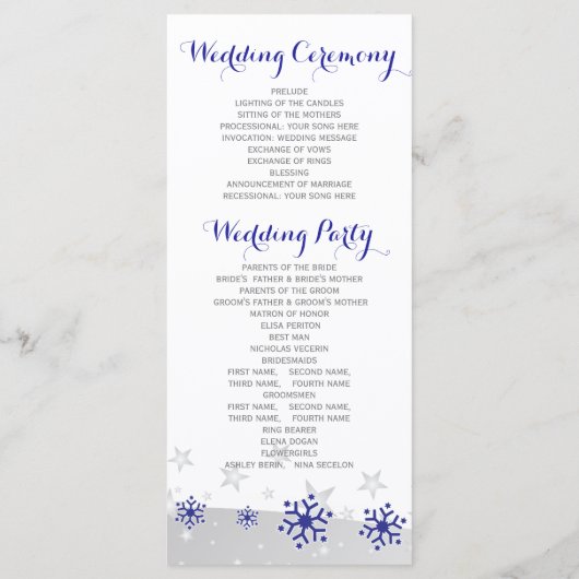 Schneeflocken Hochzeitsprogramm für den modernen b Programm (Rückseite)