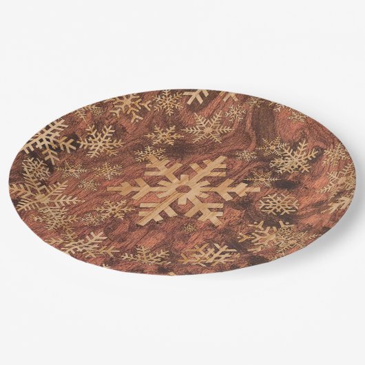 Schneeflocken Holzeinlage Grafik-Dekoration auf ei Pappteller (Schrägansicht)