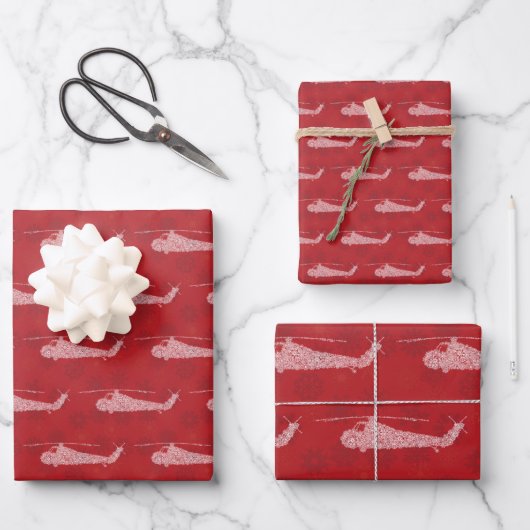 Schneeflocken Hubschrauber - Rot Geschenkpapier Set (Vorderseite)