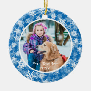 Schneeflocken in Blau und Weiß, zwei Foto, zwei Se Keramikornament