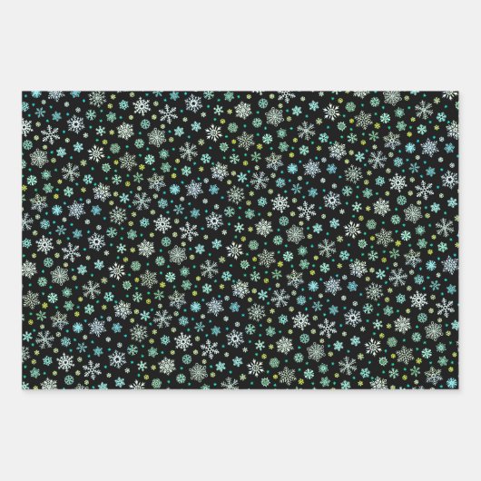 Schneeflocken in verschiedenen Formen schwarz grün Geschenkpapier Set (Vorderseite)
