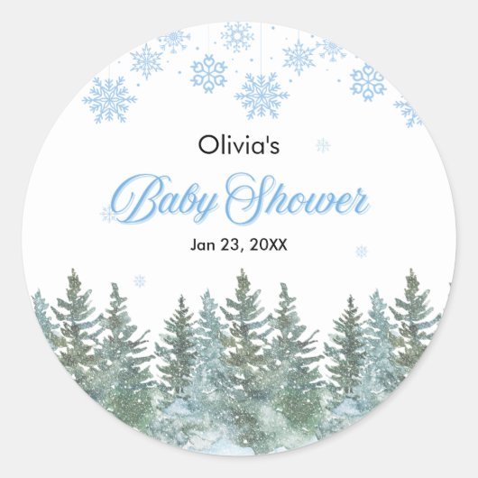 Schneeflocken Kiefern Winter Baby Shower  Runder Aufkleber (Vorderseite)
