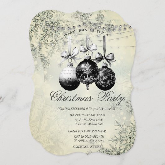Schneeflocken, Lichter, Schwarze Bälle Weihnachts- Einladung (Vorne/Hinten)