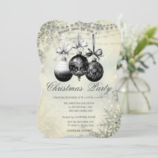 Schneeflocken, Lichter, Schwarze Bälle Weihnachts- Einladung (Stehend Vorderseite)