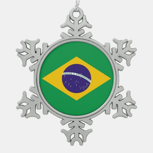 Schneeflocken mit brasilianischer Flagge Zinn-Ornament (Vorderseite)
