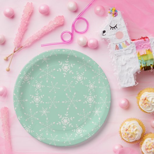 Schneeflocken mit hellgrünem Hintergrund Pappteller (Party)