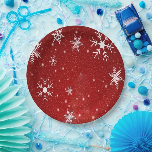 Schneeflocken mit Tellern aus dem Roten Hintergrun Pappteller (Party)