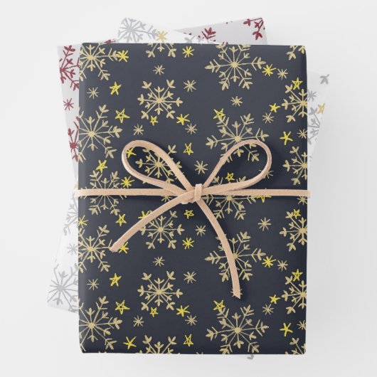 Schneeflocken - Mitternachtsblau, weiß, silbergrau Geschenkpapier Set (Beispiel)
