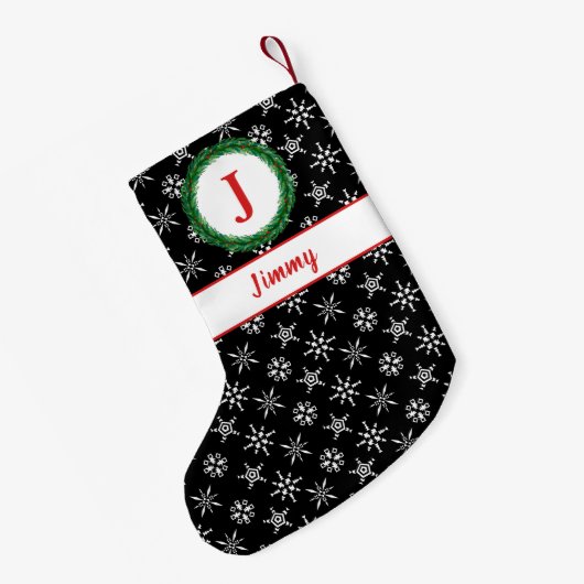 Schneeflocken-Monogramm - Ihr Name Schwarz/Weiß Kleiner Weihnachtsstrumpf (Rückseite (Hängend))