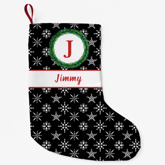 Schneeflocken-Monogramm - Ihr Name Schwarz/Weiß Kleiner Weihnachtsstrumpf (Vorderseite)