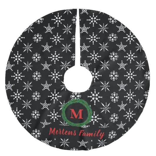 Schneeflocken-Monogramm - Ihr Name Schwarz/Weiß Polyester Weihnachtsbaumdecke (Vorderseite)