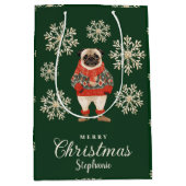Schneeflocken Mops Dog Grün Weihnachtsgeschenk Tas Mittlere Geschenktüte (Vorderseite)