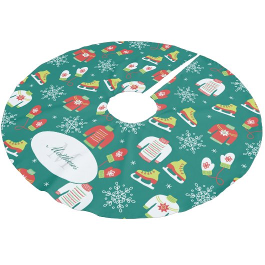 Schneeflocken Muster Aquamarin Monogram Familienwe Polyester Weihnachtsbaumdecke (Schrägansicht)