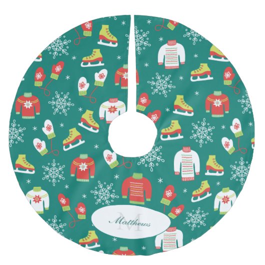 Schneeflocken Muster Aquamarin Monogram Familienwe Polyester Weihnachtsbaumdecke (Vorderseite)