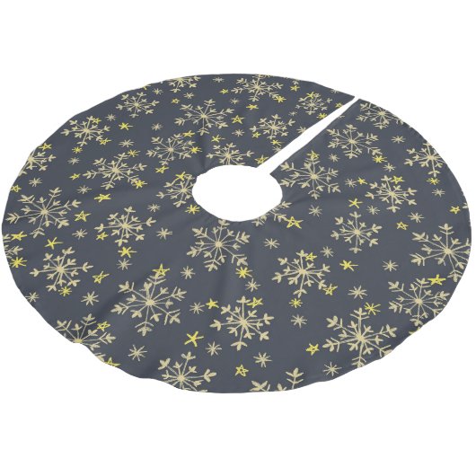 Schneeflocken Muster - Gold auf Midnight Blue Brus Polyester Weihnachtsbaumdecke (Schrägansicht)