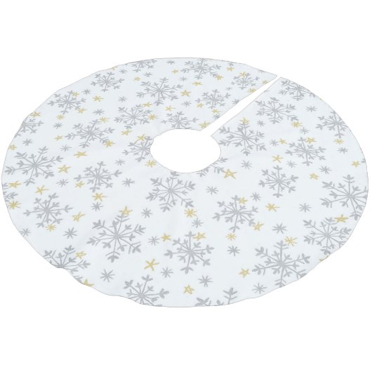 Schneeflocken Muster - Silber & Gold auf Weiß Polyester Weihnachtsbaumdecke (Schrägansicht)