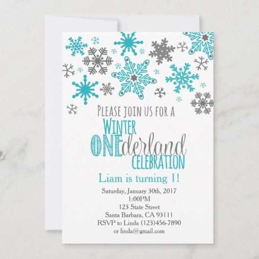 Schneeflocken ONEderland Geburtstag Einladung-Aqua Einladung (Vorderseite)