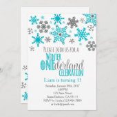 Schneeflocken ONEderland Geburtstag Einladung-Aqua Einladung (Vorne/Hinten)