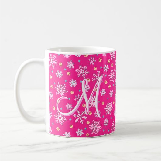 Schneeflocken Pink Hot Pink Moderne Chic Monogram Kaffeetasse (Links)