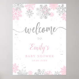Schneeflocken Pink Silver Girl Baby Dusche Willkom Poster