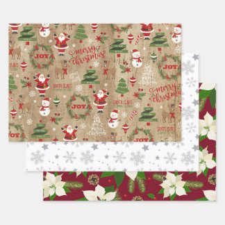 Schneeflocken Poinsettias und Weihnachtsmann Geschenkpapier Set
