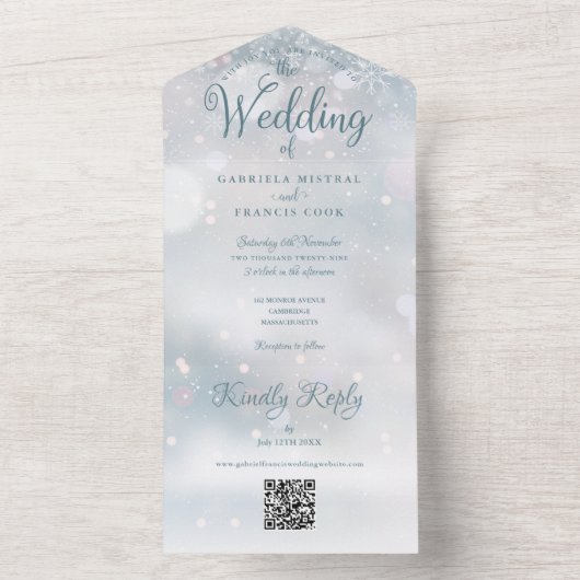 Schneeflocken QR-Code Monogram Winter Wedding All In One Einladung (Innen Boden)