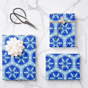 Schneeflocken Quit Pattern - Kobalt Blau und Weiß Geschenkpapier Set