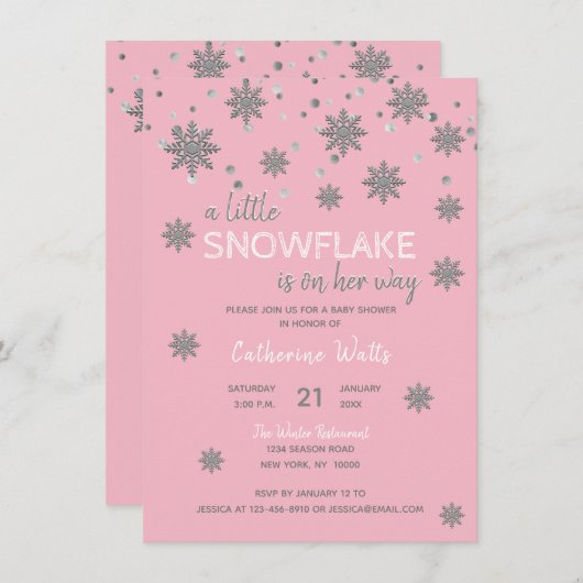 Schneeflocken Rosa Silbergraue BABY-DUSCHE | Girl Einladung (Vorne/Hinten)