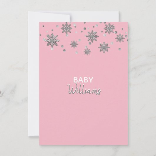 Schneeflocken Rosa Silbergraue BABY-DUSCHE | Girl Einladung (Rückseite)