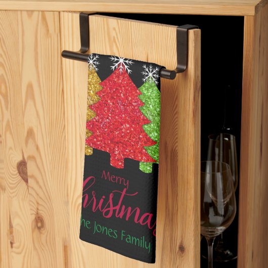 Schneeflocken Rot-Gold-Grün Weihnachtsbaum Schneef Geschirrtuch (Drittel gefaltet)