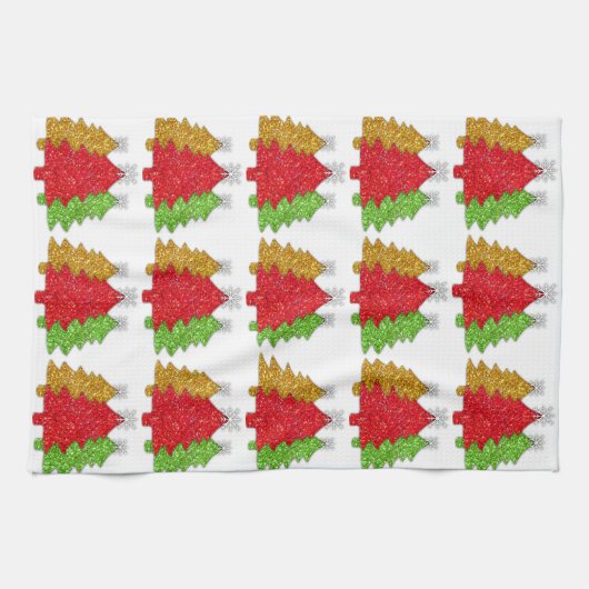 Schneeflocken Rot-Gold-Grün Weihnachtsbaum Schneef Geschirrtuch (Horizontal)