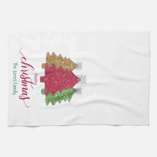 Schneeflocken Rot-Gold-Grün Weihnachtsbaum Schneef Geschirrtuch (Horizontal)