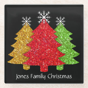 Schneeflocken Rot-Gold-Grün Weihnachtsbaum Schneef Glasuntersetzer