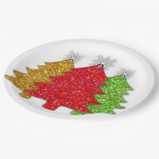 Schneeflocken Rot-Gold-Grün Weihnachtsbaum Schneef Pappteller (Schrägansicht)