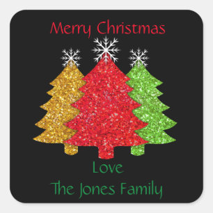Schneeflocken Rot-Gold-Grün Weihnachtsbaum Schneef Quadratischer Aufkleber